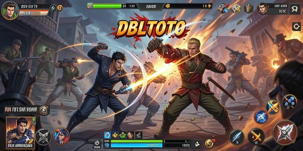Screenshot utama DBLTOTO menampilkan karakter bertarung dalam aksi dramatis.