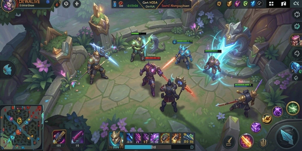 Tangkapan layar <strong>DEWALIVE</strong> menampilkan keseruan gameplay MOBA yang mendebarkan.