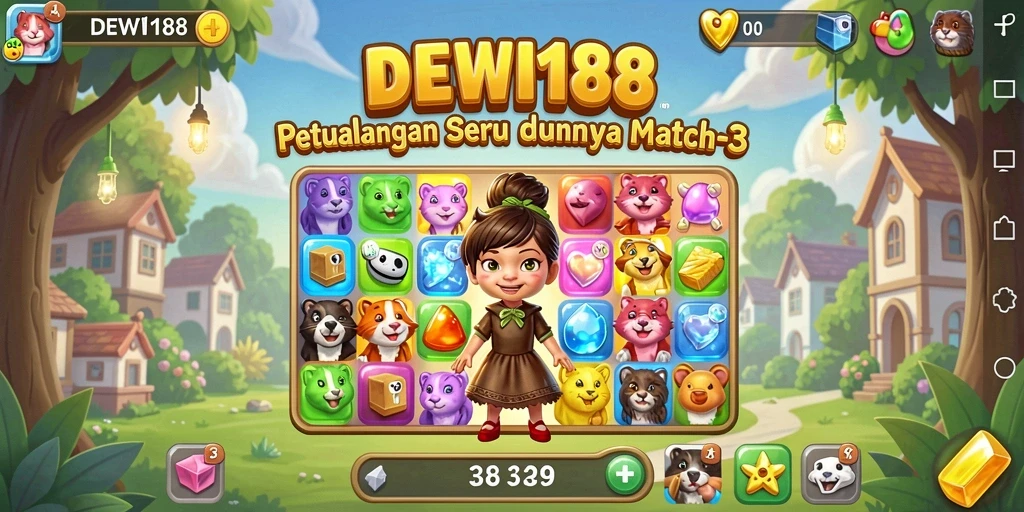 Screenshot utama DEWI188 menampilkan gameplay Match-3 yang menyenangkan.