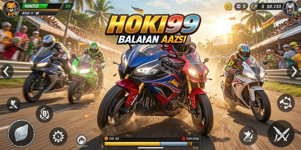 Gameplay mendebarkan dalam HOKI99 dengan balapan motor cepat.