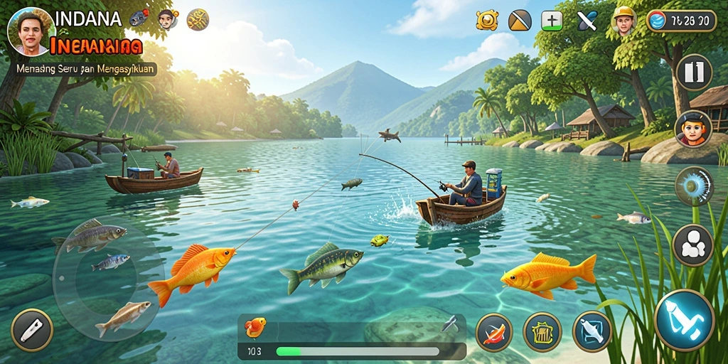 Screenshot gameplay INDAAA menunjukkan suasana memancing yang seru.