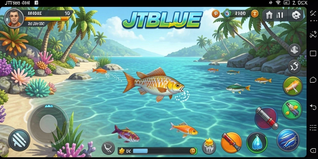 Tangkapan ikan besar dalam permainan JTBLUE menunjukkan aksi memancing yang seru.