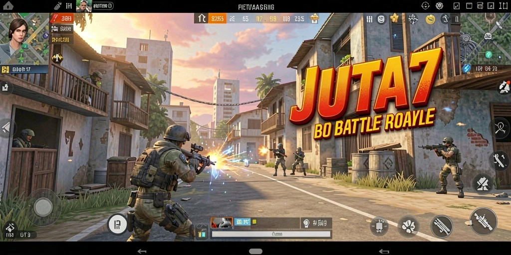 Tangkapan layar JUTA7 menunjukkan gameplay Battle Royale yang intens dan mendebarkan.