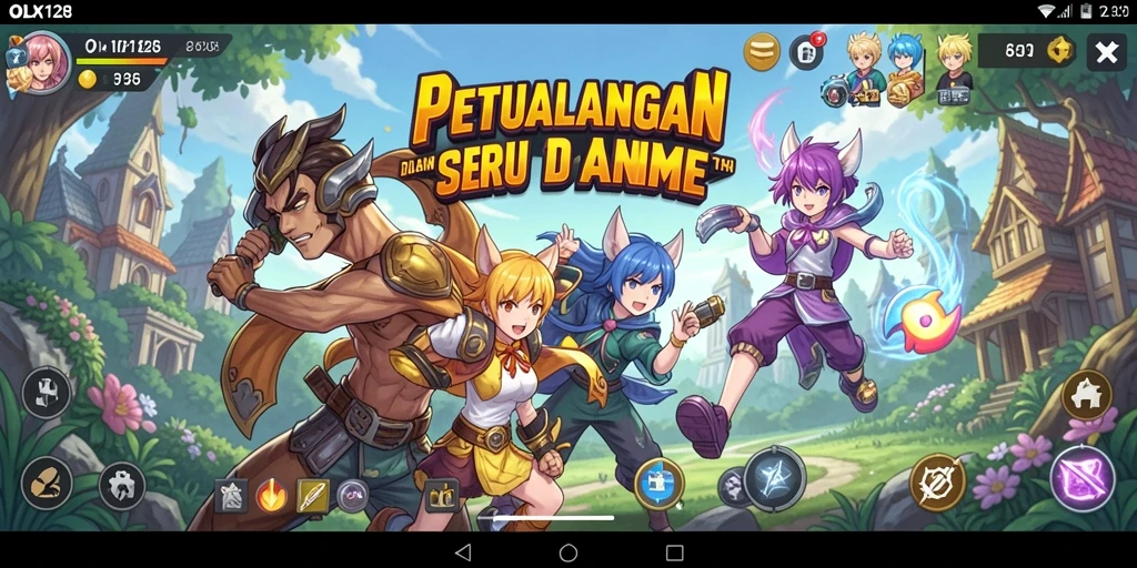 Screenshot gameplay OLX128 yang menampilkan pertempuran karakter anime yang seru.