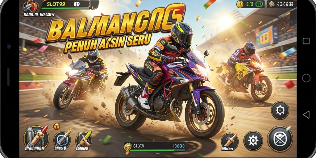 Gameplay SLOT99 yang penuh aksi dalam balapan motor yang menegangkan.