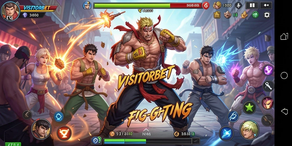 Gameplay INTENS dari VISITORBET dengan karakter bertarung.